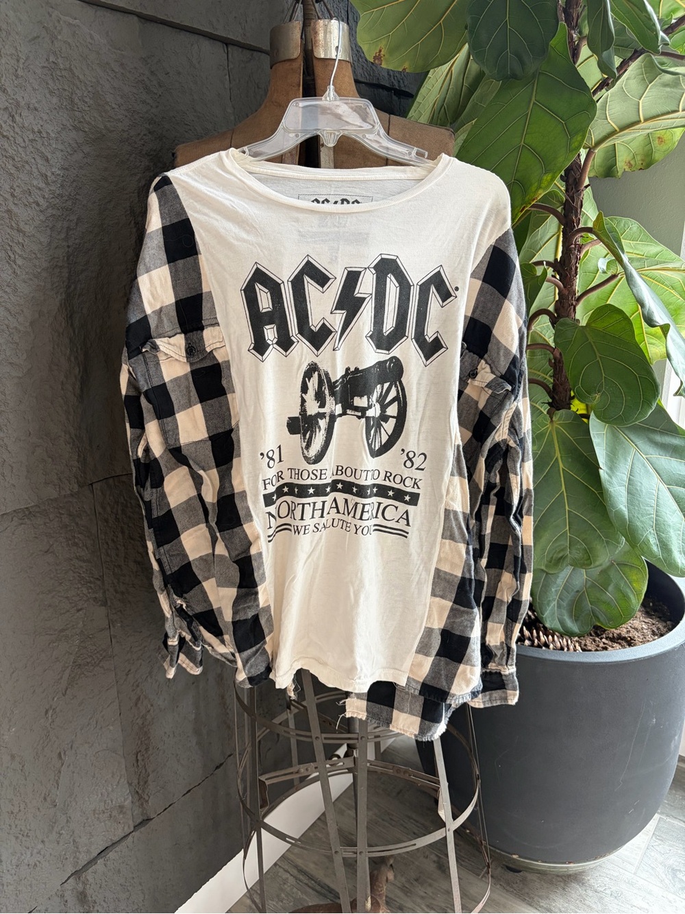 NOT PERFECT AC/DC Cream & Black Graphic Flannel-Sleeve Shirt upcycle.